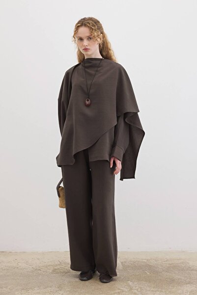 Hooopstore Bat Sleeve Cape Detailed Brown Trouser Suit