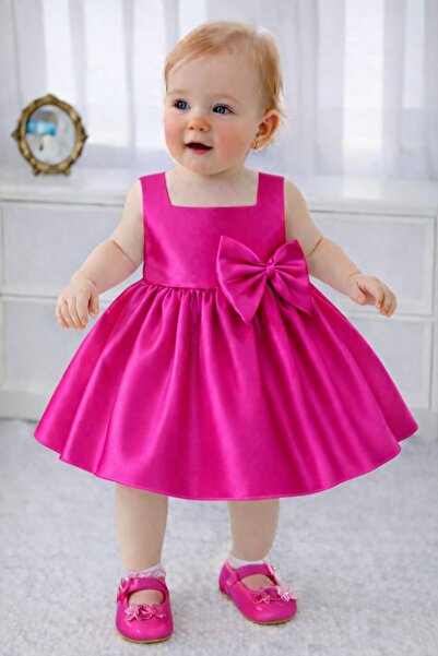 SUNEH Baby Girl Fuchsia Pink Square Collar, Bow Detail, Birthday, Party Dress
