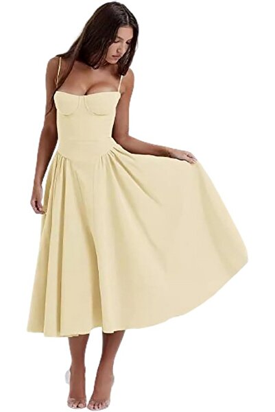 OEM Jinsha summer midi dress for women, casual with straps, yellow, size M,