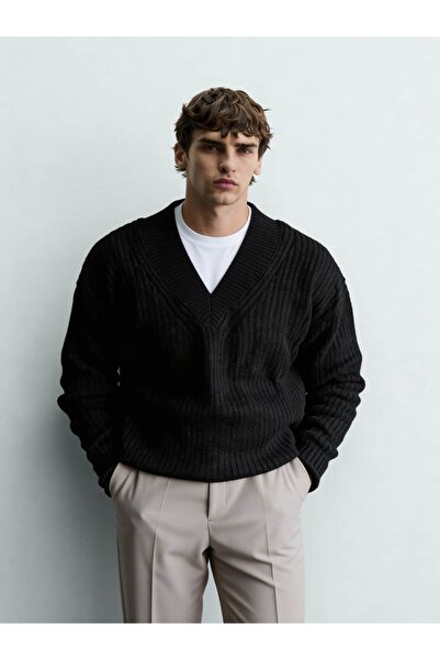 Atelier Old Money Ribbed Shawl Collar Siyah Knit FW5829