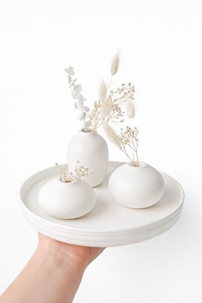 MeviDecor 3’lü Dekoratif Vazo Seti 9-6-5 cm – 20 cm Tepsili Minimal Modern Ma...