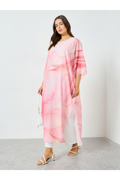 Take Two By Styli Pink Marble Print Side Slit Dress with Wide Leg Pants Co-Ords