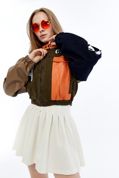 CHOS7N Women's Oversize Elastic Waist Jacket Daily Use College Printed Pocket Coat Orange Racer Jacket