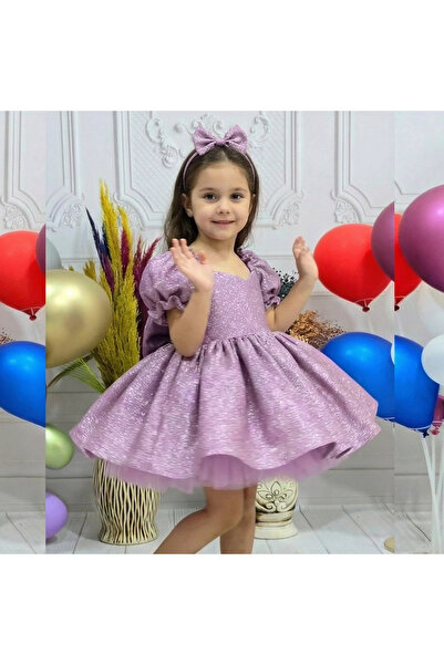 ELLUSSİ Kız Çocuk Gül kurusu Parıltıll Kalp detaylı Askılı Kol Kabarık Elbise