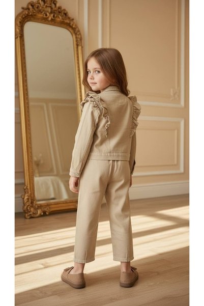 Pinkitokids Girl's Ruffle Detailed 2-Piece Denim Set-Beige