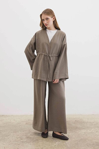 Hooopstore Khaki Kimono Trousers Set with Front Tie Detail
