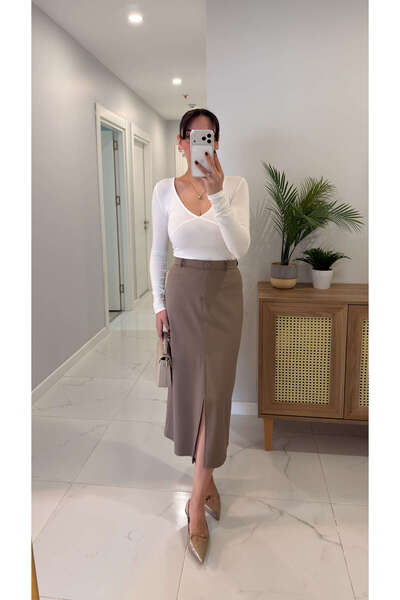 BİRCANÇİL Nasra Milk Coffee Skirt with Front Slit