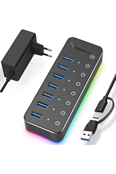 VisionHub Hub RGB USB 3.0 cu 7 porturi, alimentare de 20 W, cablu USB-A și US...