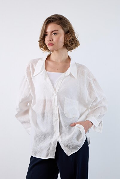 SHILSEE BEUTİQUE Women's Low Shoulder Long Oversize Tencel Fabric Shirt White