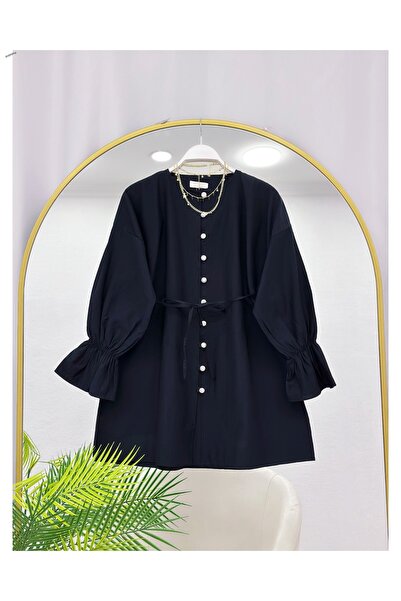 YEDİLALE Zero-Collar Tunic with Rubberized Sleeves and Belt [Loose Fit]
