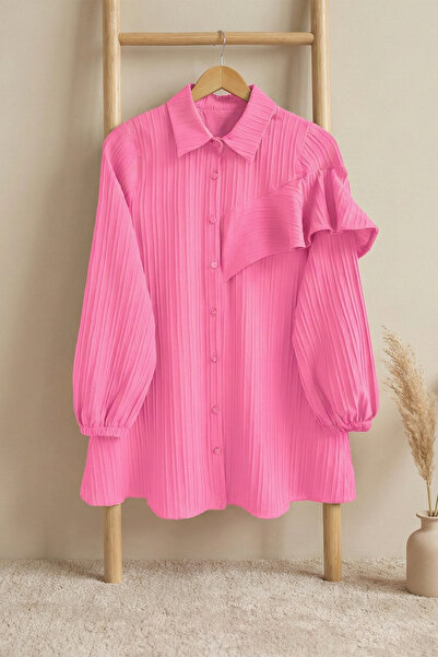 FERHEL Women's Elastic Sleeve Ruffle Detailed Elastic Tunic - Pink