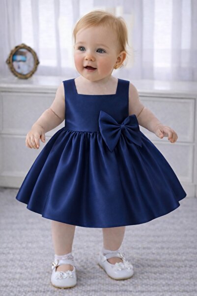 SUNEH Baby Girl Navy Blue Square Collar, Bow Detail, Birthday, Party Dress