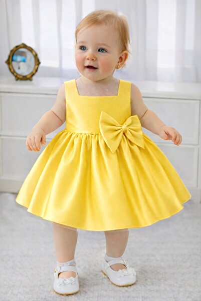 SUNEH Baby Girl Yellow Square Collar, Bow Detail, Birthday, Party Dress