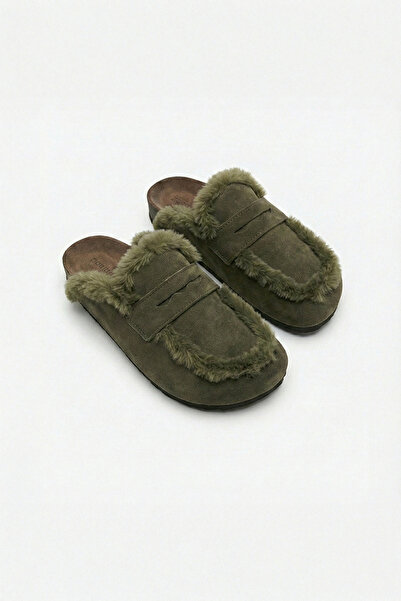 no miento Alka Fur Women's Vegan Leather Khaki Sabo Slippers