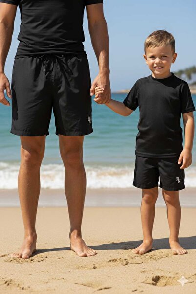 Benitto Men Μαύρο μαγιό με διχτυωτές τσέπες για πατέρα και γιο, με ίσιο σχέδιο