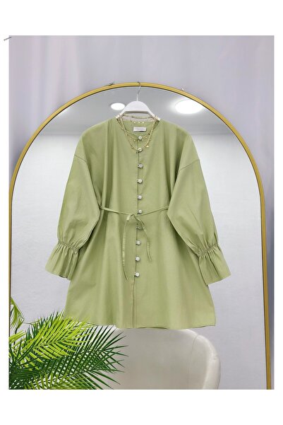 YEDİLALE Zero-Collar Tunic with Rubberized Sleeves and Belt [Loose Fit]