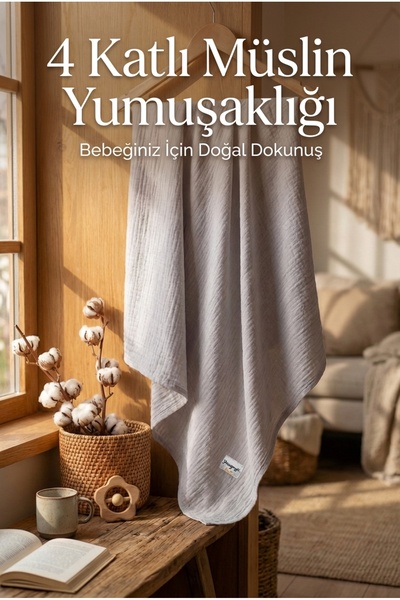 YUNUSOĞLU HOME Gri 4 Katlı Müslin Bebek Battaniyesi Hafif ve Yumuşak Dokulu M...