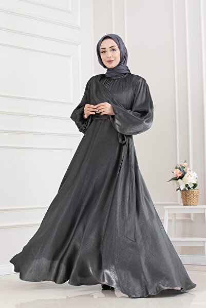 Sevitli Side Tie Glittery Hijab Evening Dress-Anthracite