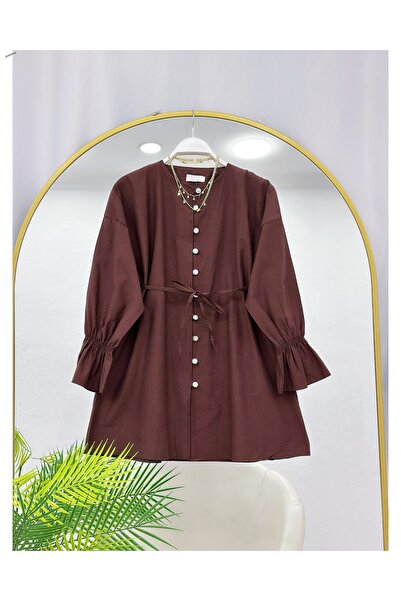 YEDİLALE Zero-Collar Tunic with Rubberized Sleeves and Belt [Loose Fit]