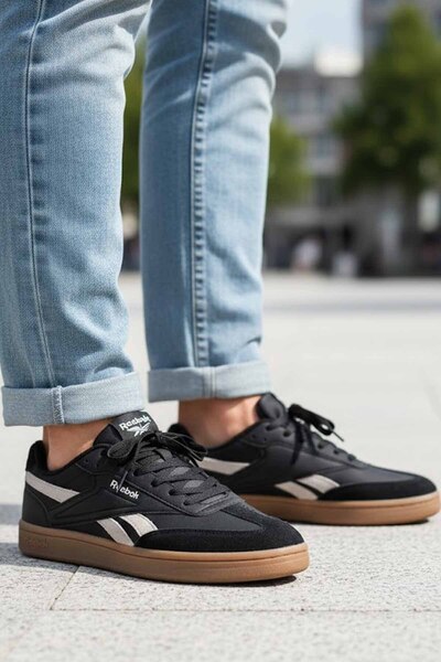 Reebok Black Sneaker - Classic Leather Design - Brown Rubber Sole Casual Shoe...