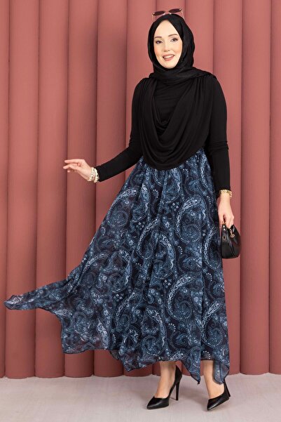 EBRUTESETTÜR Shawl Pattern Asymmetrical Cut Chiffon Skirt Navy Blue