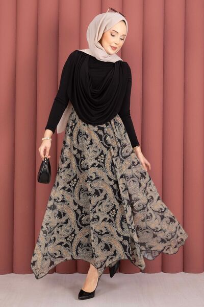 EBRUTESETTÜR Shawl Pattern Asymmetrical Cut Chiffon Skirt Black