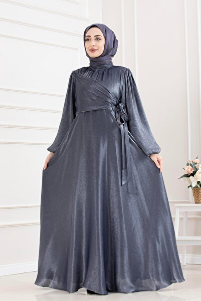 Sevitli Side Tie Glittery Hijab Evening Dress-Dark Blue