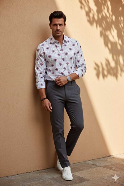 Louis Fabel Long-Sleeved Men's Shirt with Blue Polka Dots on a White Backgrou...