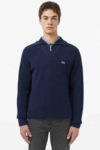 Lacoste Classic Fit Uzun Kollu Yarım Fermuarlı Erkek Triko Kazak Lacivert