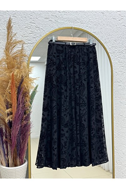 MİHRA STORE Şahabe Astarlı Kemerli Şal Desen Etek-EK752.3 Siyah