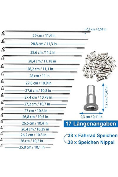 sinzau 38 x Spoke Mountain Bike Spokes with Spokes 258-283mm