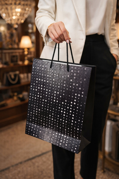 BİLGİ K K Lüks Karton Çanta İpli siyah geometrik yağmur Desenli Hediyelik Çan...