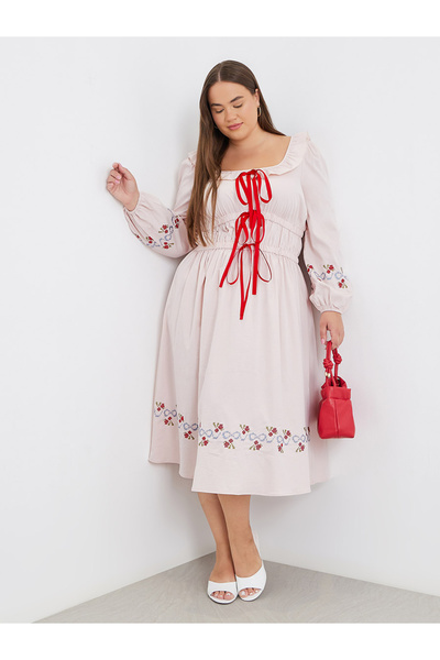 Styli Plus Size Midi Dress with Bow Tie-Up Detail