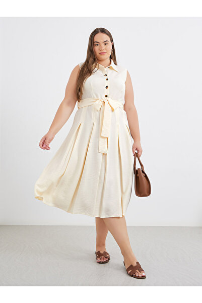 Styli Plus Cream Midi Dress with Tie Belt