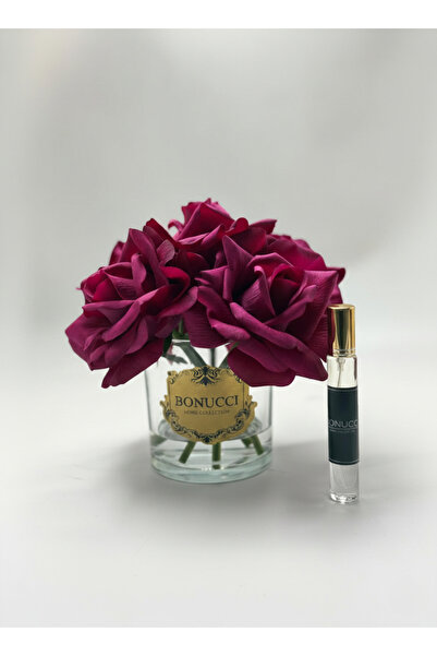 Bonucci 5'li Gold Vazolu Gül Aranjmanı Salon Masa Üstü Dekor - Bordo