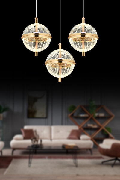 İstanbul Avize Küre 3'lü Gold 3 Renk Gold Led Modern Ledli Avize