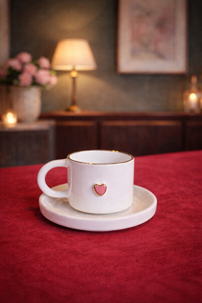 PİTAYA SANAT Kalpli El Yapımı Seramik Türk Kahvesi Fincani