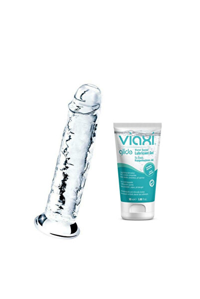 25 cm Şeffaf Jel Dildo Gerçekçi Yumuşak Dokuda Güçlü Vantuzlu + 50 ml Viaxi Kayganlaştırıcı Jel