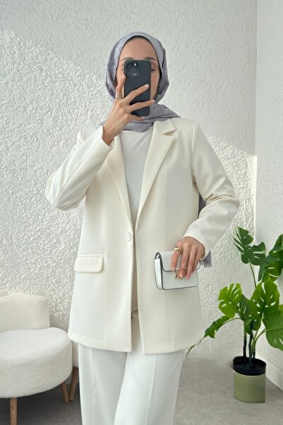 Modamorfo Single Button Lycra Jacket with Pockets - Cream