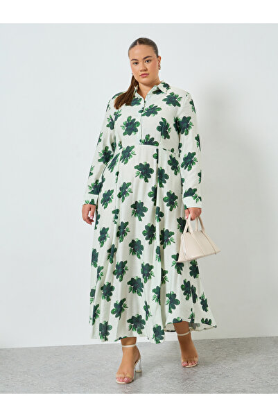 Styli Plus Size Green Floral Shirt Midi Dress