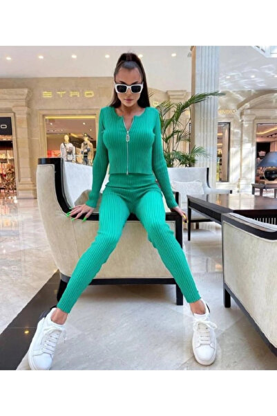 My Bee Set Tricotat Damă 2 Piese cu Fermoar Frontal, Bluza Mulată și Pantalon...