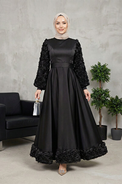 FERHEL Women's Satin Hijab Evening Dress with Rose Detail on Skirt and Sleeve...