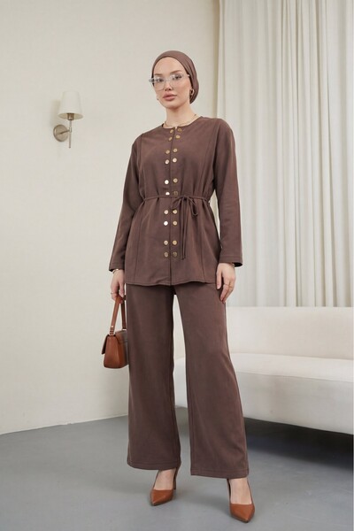 Modamorfo Double Snap Detailed Round Neck Modal Suit with Wide Leg Pants - Brown