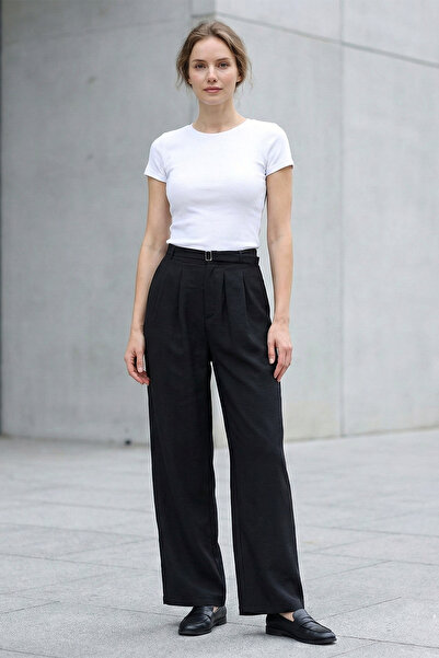 FERHEL Γυναικείο παντελόνι από ύφασμα Tensel με λεπτομέρεια ελαστικής ζώνης σ...