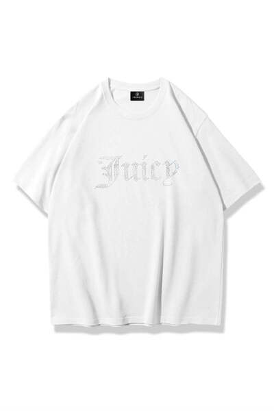 Trendiz Unisex Juiciy Taş Baskılı Tshirt Beyaz