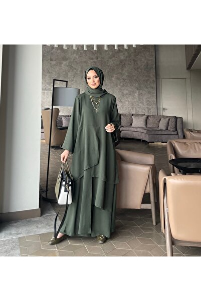 Mürdüm butik Asymmetrical Cut Piece Asel Suit-Khaki
