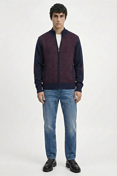 Sam Patterned Stand Collar Zippered Knitwear Cardigan - Navy Blue - Claret Red