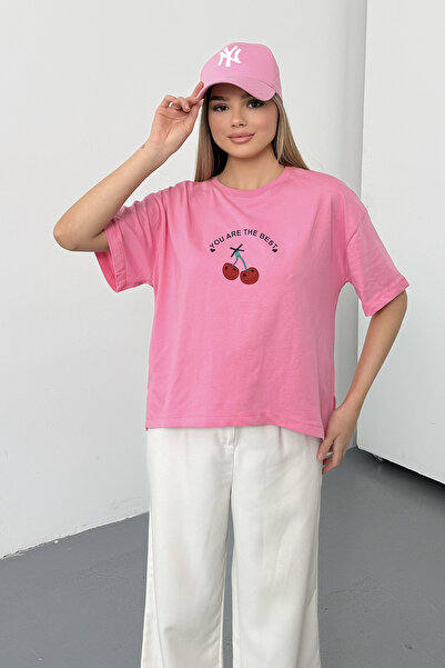 GİYSA Tricou de damă, 100% bumbac, cu imprimeu cireșe, roz - 26Y 26519