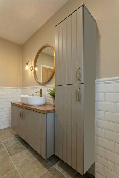 AdnDesing Banyo Boy Dolabı-Asma Dolap -Gövde Doğal Kaplama Mdf- Vizon-Boy Dolabı