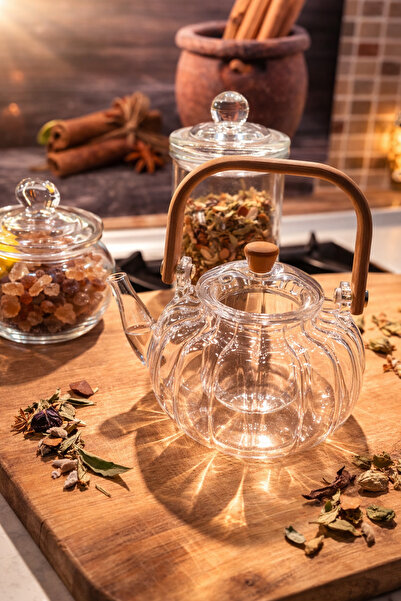ALLEGRI إبريق شاي زجاجي من البوروسيليكات بنمط مموج على شكل يقطينة، قابل للاست...